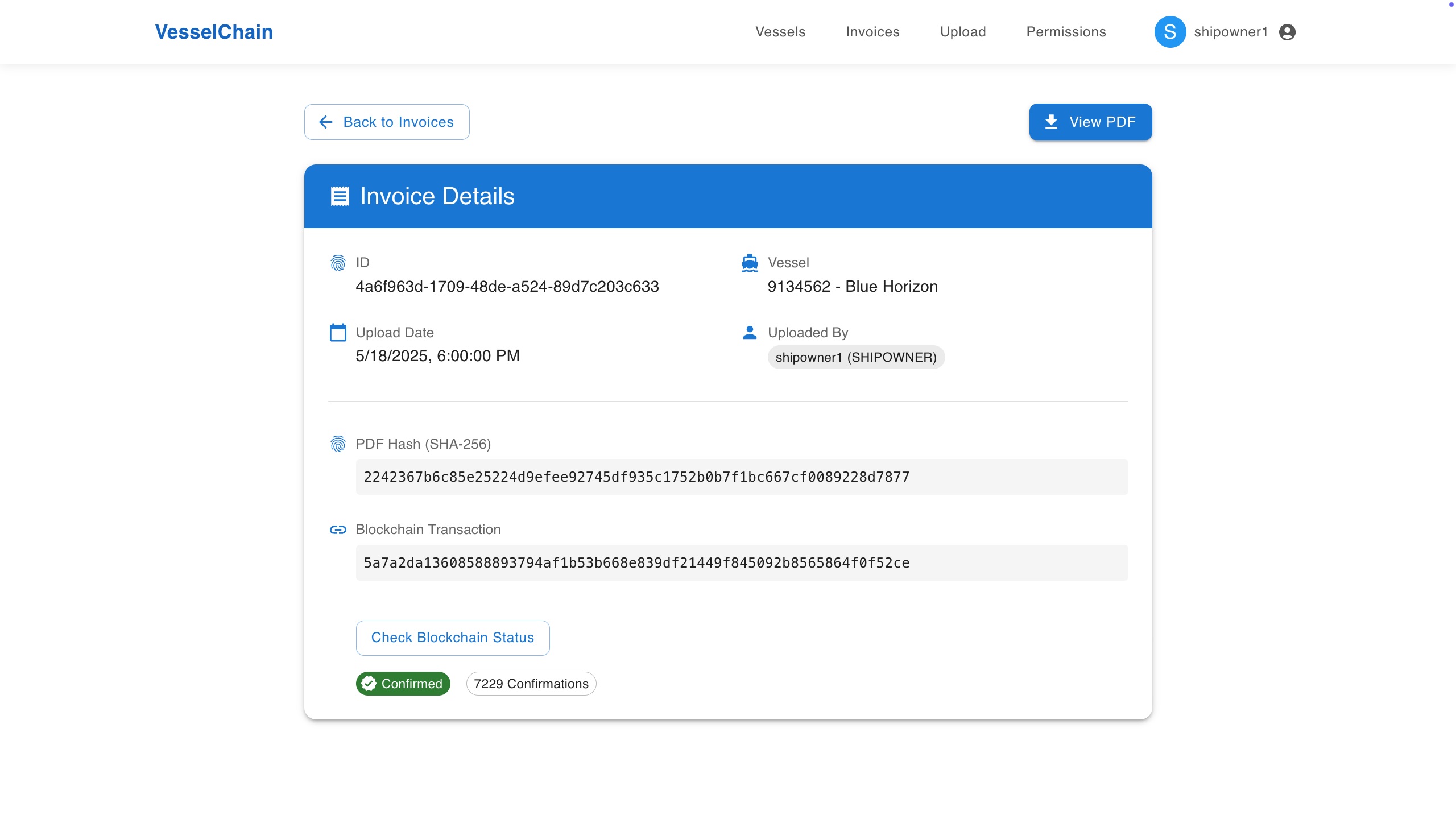 Invoice details interface in VesselChain Alpha showing blockchain transaction and SHA-256 hash for bunkering invoice verification