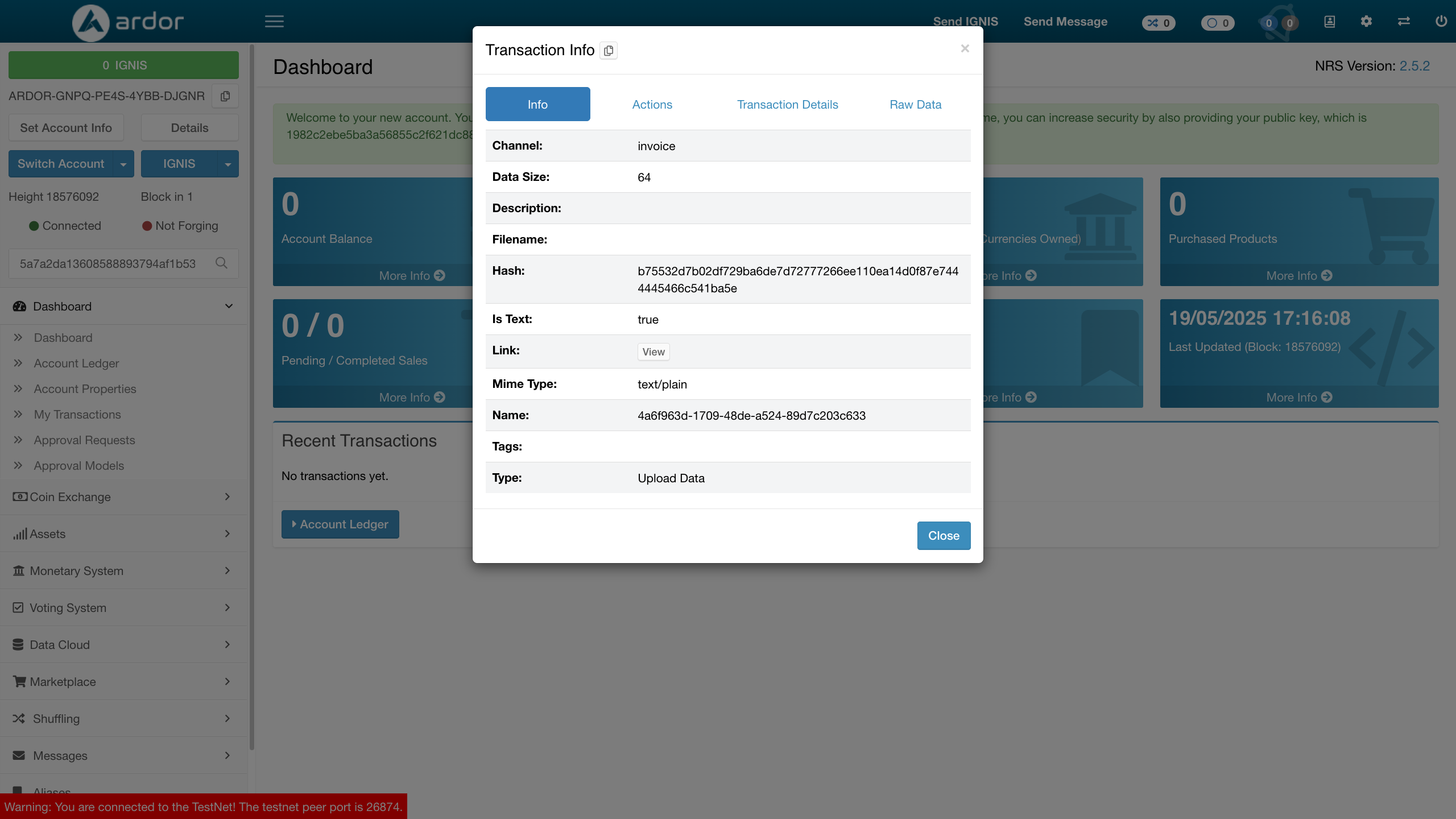 Invoice details interface in VesselChain Alpha showing blockchain transaction and SHA-256 hash for bunkering invoice verification